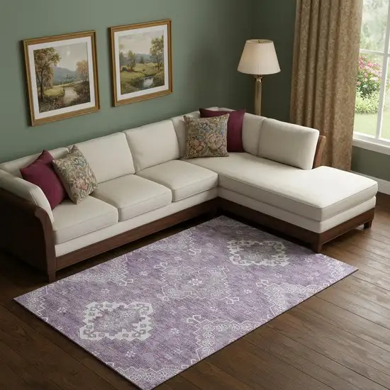 Lavender And Ivory Medallion Washable Area Rug With UV Protection Photo 1