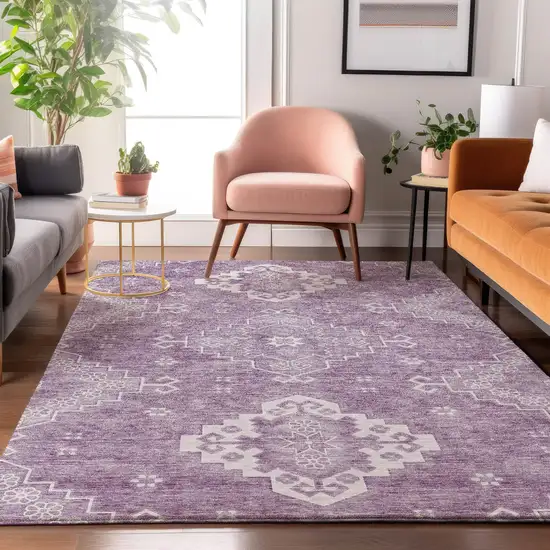 Lavender And Ivory Medallion Washable Area Rug With UV Protection Photo 5