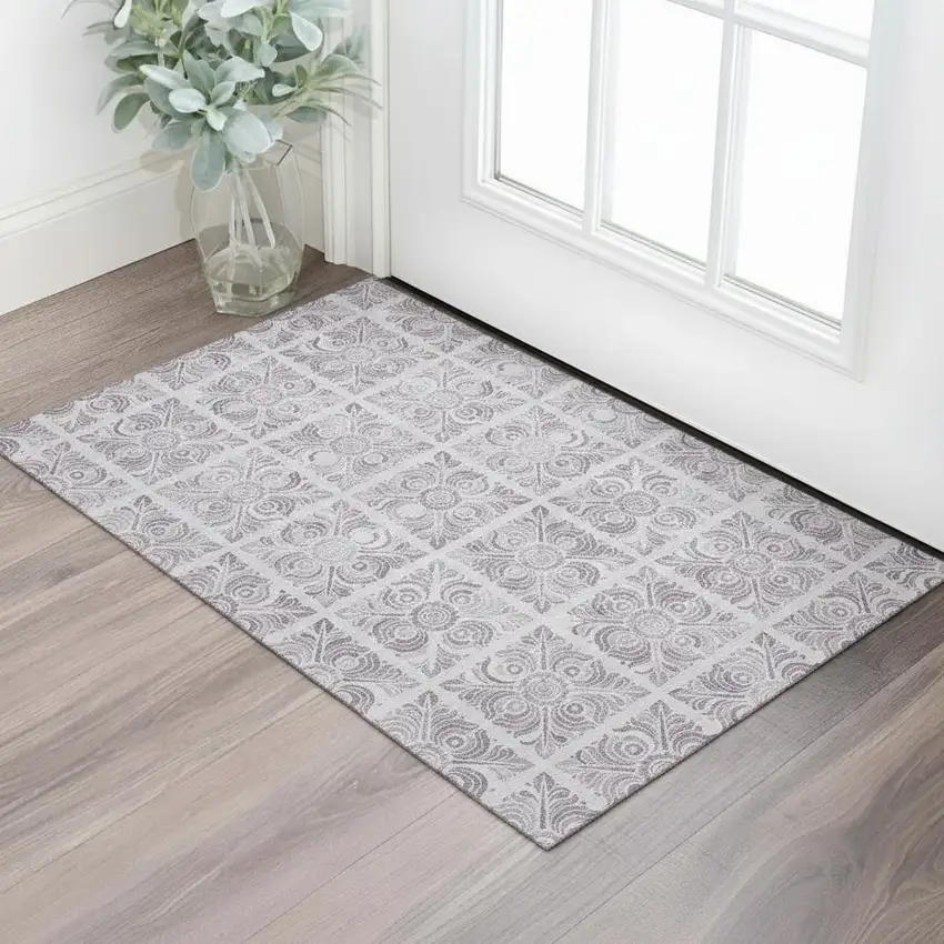 Lavender And Ivory Medallion Washable Area Rug With UV Protection Photo 1
