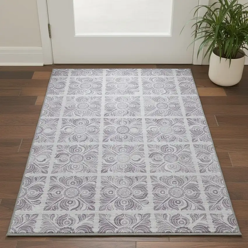 Lavender And Ivory Medallion Washable Area Rug With UV Protection Photo 2