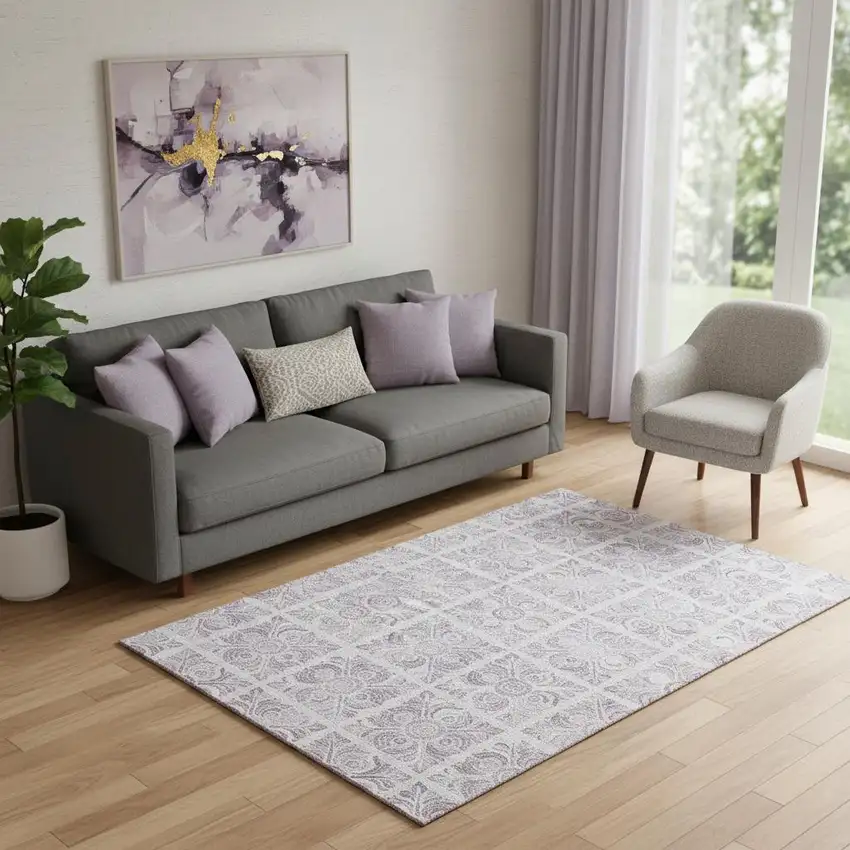 Lavender And Ivory Medallion Washable Area Rug With UV Protection Photo 1