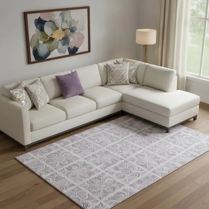 Lavender And Ivory Medallion Washable Area Rug With UV Protection Photo 1