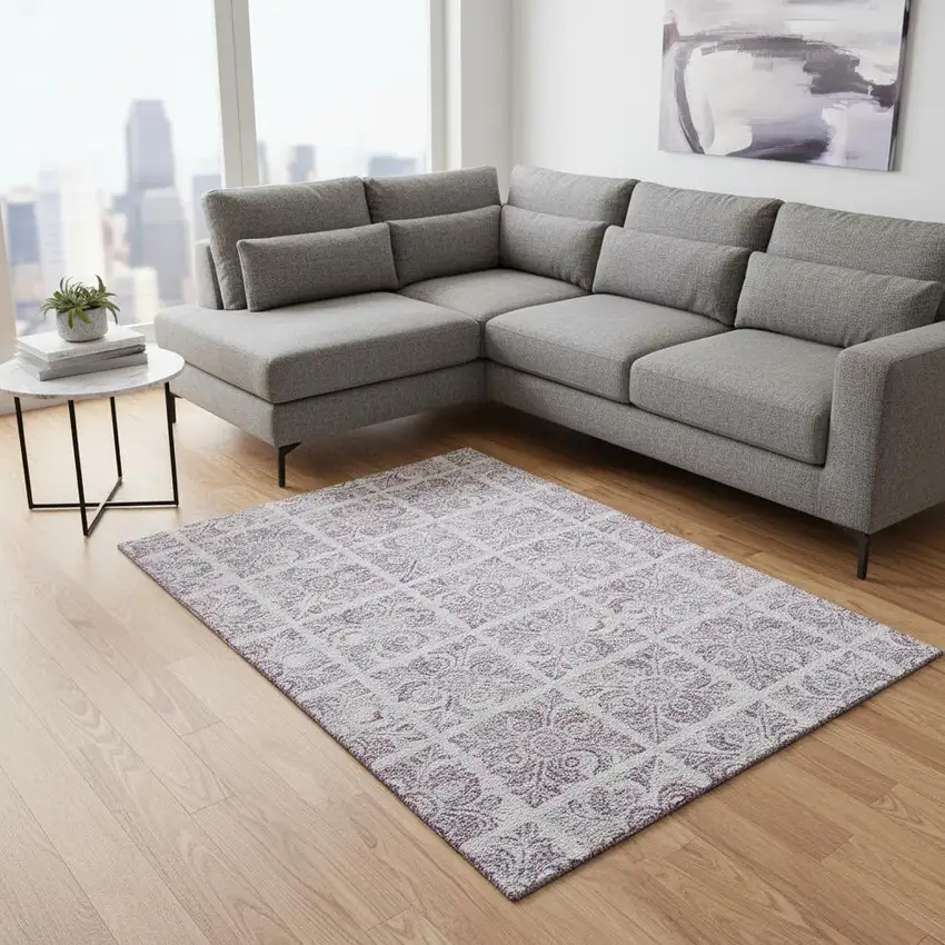 Lavender And Ivory Medallion Washable Area Rug With UV Protection Photo 2