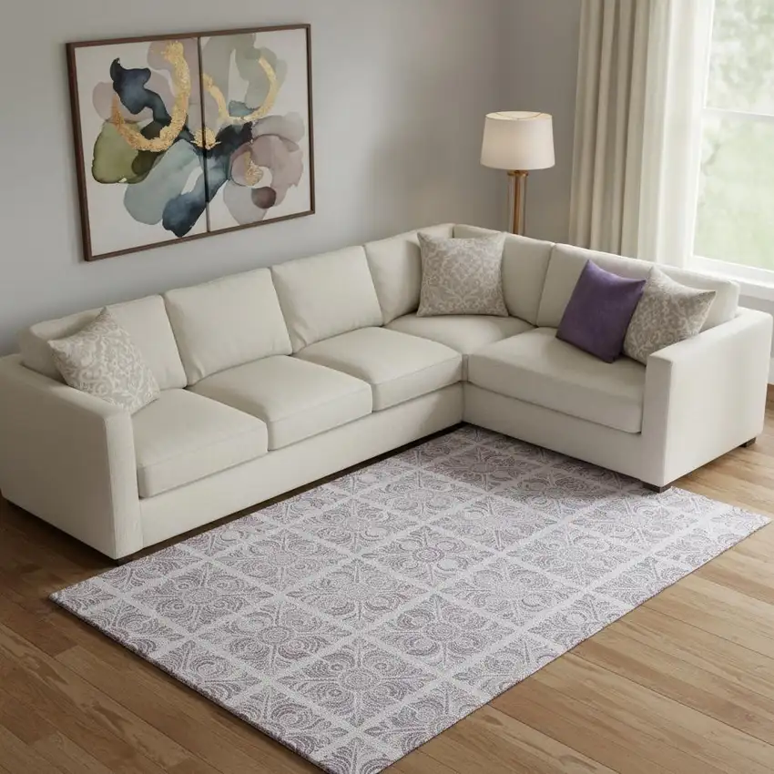 Lavender And Ivory Medallion Washable Area Rug With UV Protection Photo 1