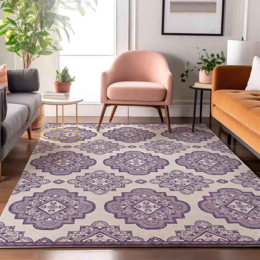 Lavender And Ivory Medallion Washable Area Rug With UV Protection Photo 5