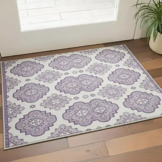 Lavender And Ivory Medallion Washable Area Rug With UV Protection Photo 2