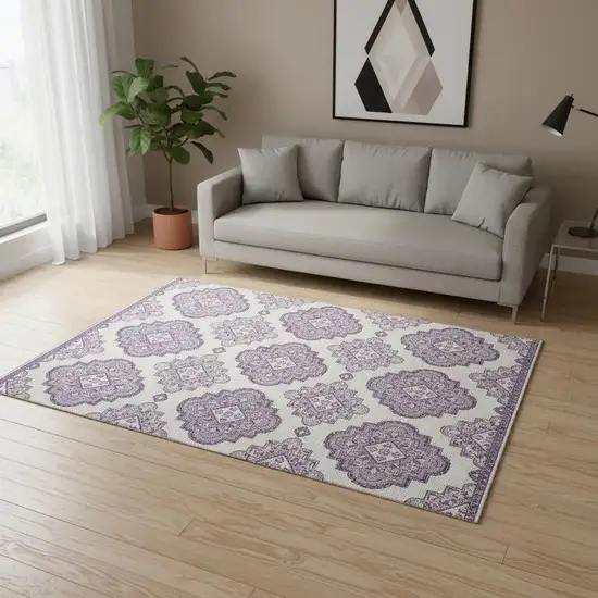 Lavender And Ivory Medallion Washable Area Rug With UV Protection Photo 2