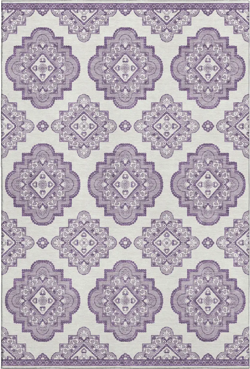 Lavender And Ivory Medallion Washable Area Rug With UV Protection Photo 1