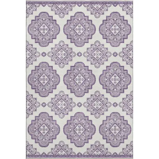 Lavender And Ivory Medallion Washable Area Rug With UV Protection Photo 1
