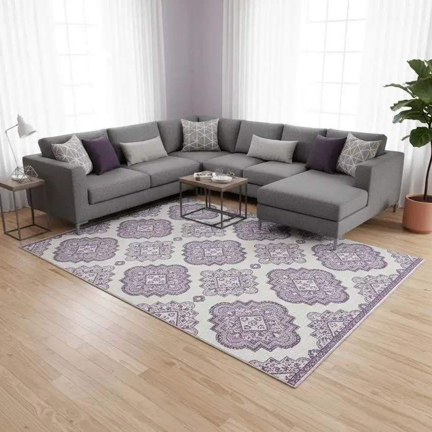 Lavender And Ivory Medallion Washable Area Rug With UV Protection Photo 2