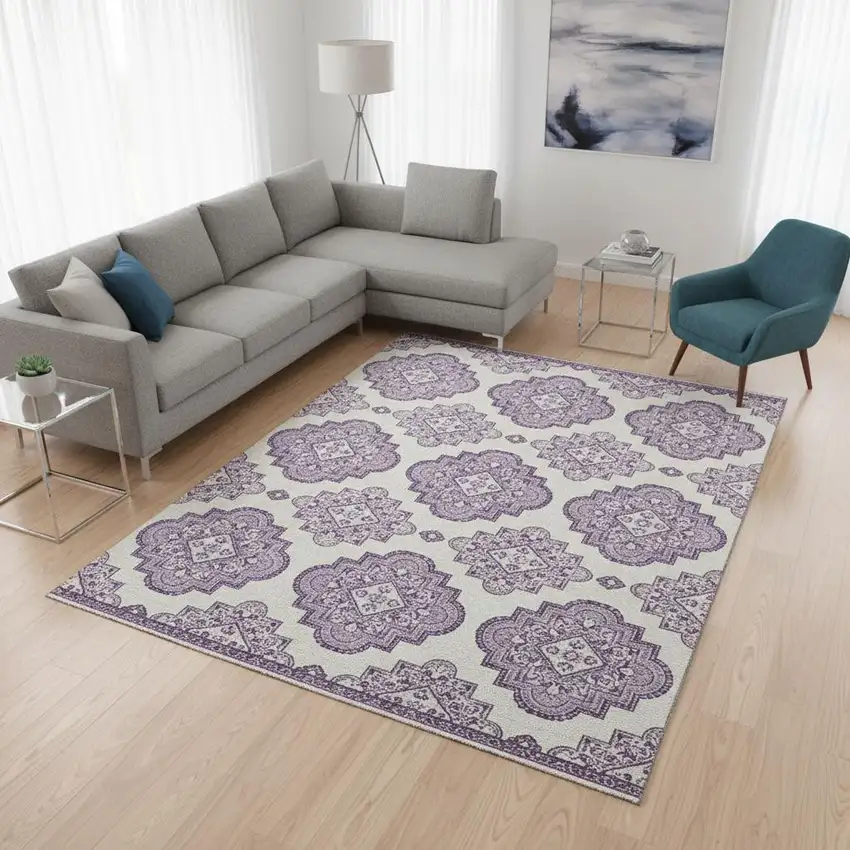 Lavender And Ivory Medallion Washable Area Rug With UV Protection Photo 2