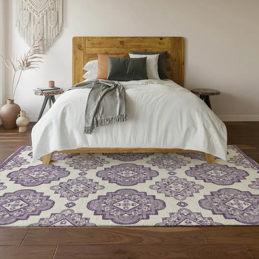 Lavender And Ivory Medallion Washable Area Rug With UV Protection Photo 6