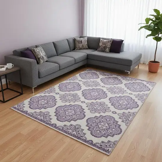 Lavender And Ivory Medallion Washable Area Rug With UV Protection Photo 2