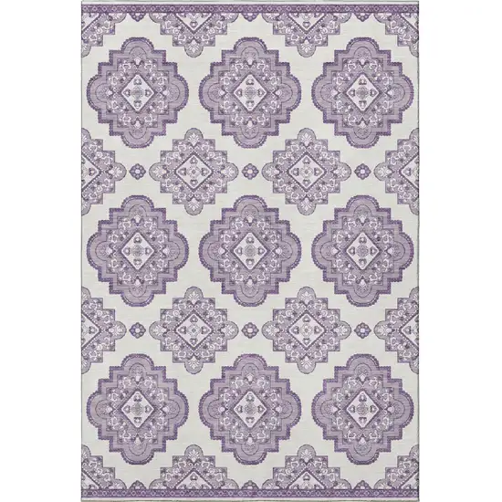 Lavender And Ivory Medallion Washable Area Rug With UV Protection Photo 4
