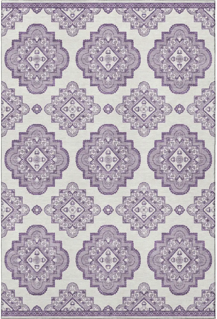 Lavender And Ivory Medallion Washable Area Rug With UV Protection Photo 4