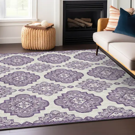 Lavender And Ivory Medallion Washable Indoor Outdoor Area Rug Photo 8