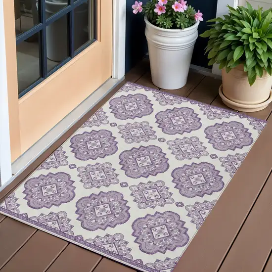 Lavender And Ivory Medallion Washable Indoor Outdoor Area Rug Photo 1