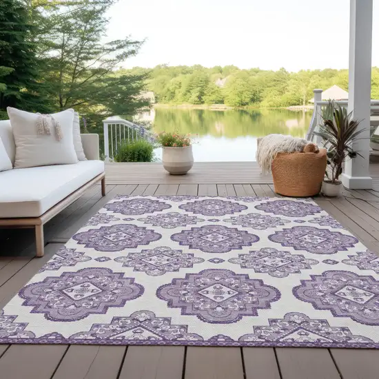 Lavender And Ivory Medallion Washable Indoor Outdoor Area Rug Photo 9