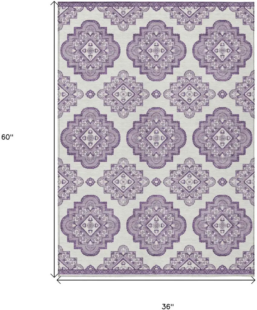 Lavender And Ivory Medallion Washable Indoor Outdoor Area Rug Photo 3