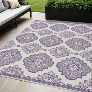 Photo of Lavender And Ivory Medallion Washable Indoor Outdoor Area Rug