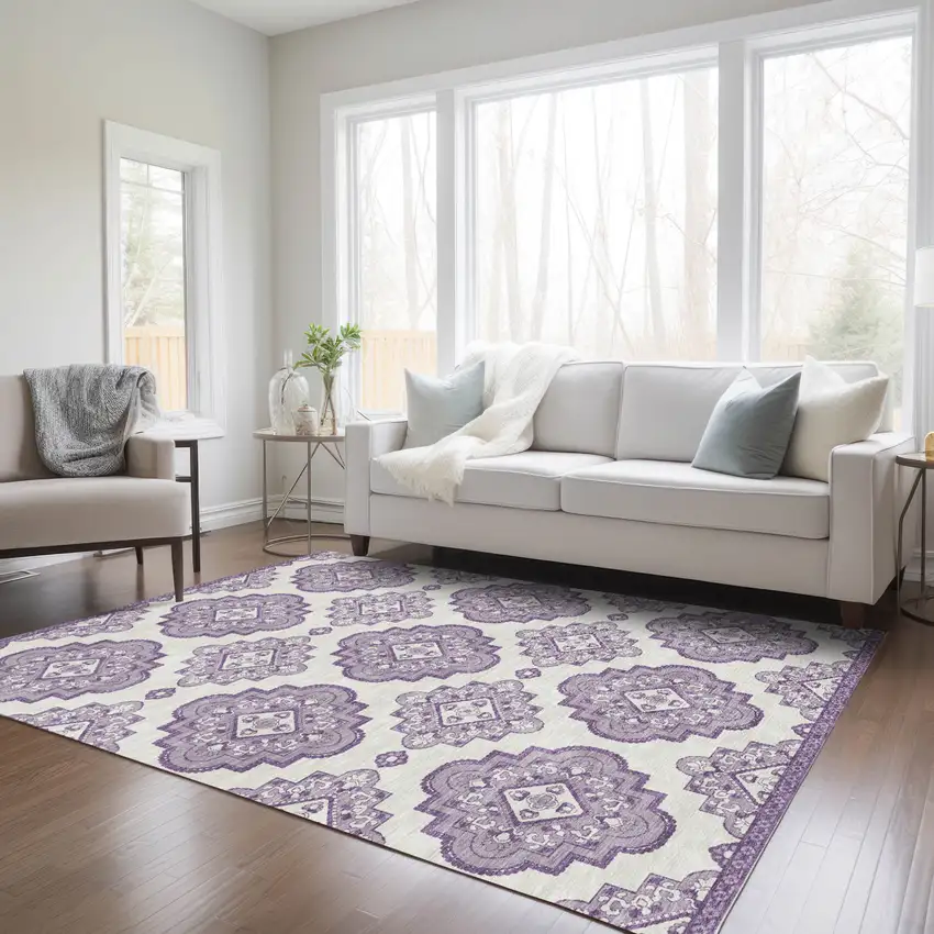 Lavender And Ivory Medallion Washable Indoor Outdoor Area Rug Photo 9