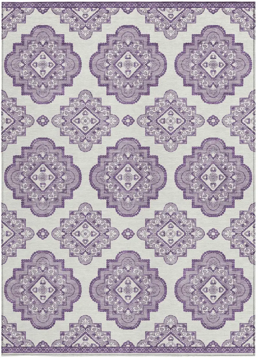 Lavender And Ivory Medallion Washable Indoor Outdoor Area Rug Photo 6