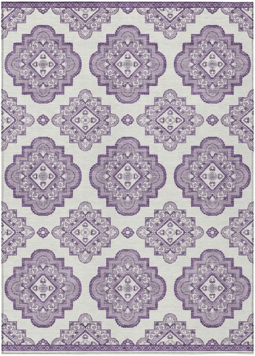 Lavender And Ivory Medallion Washable Indoor Outdoor Area Rug Photo 2