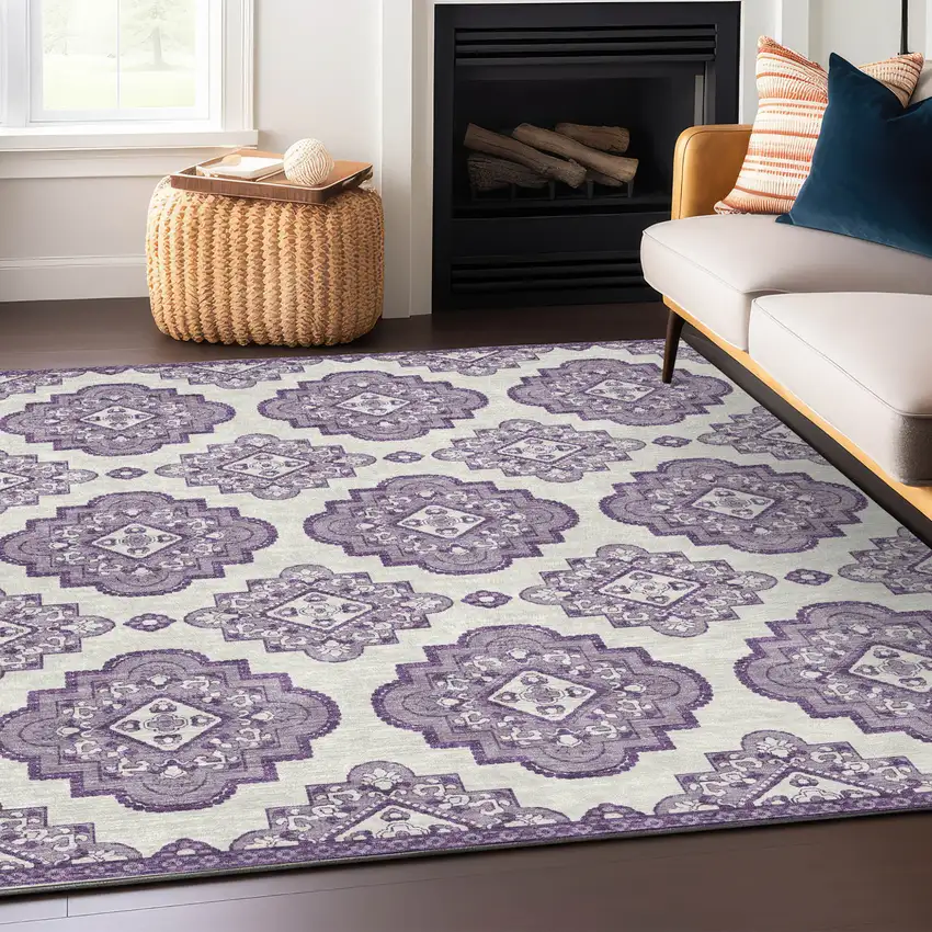 Lavender And Ivory Medallion Washable Indoor Outdoor Area Rug Photo 7