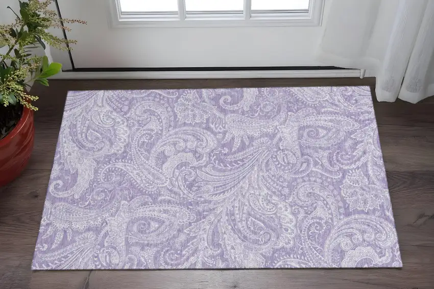 Lavender And Ivory Paisley Washable Area Rug With UV Protection Photo 2