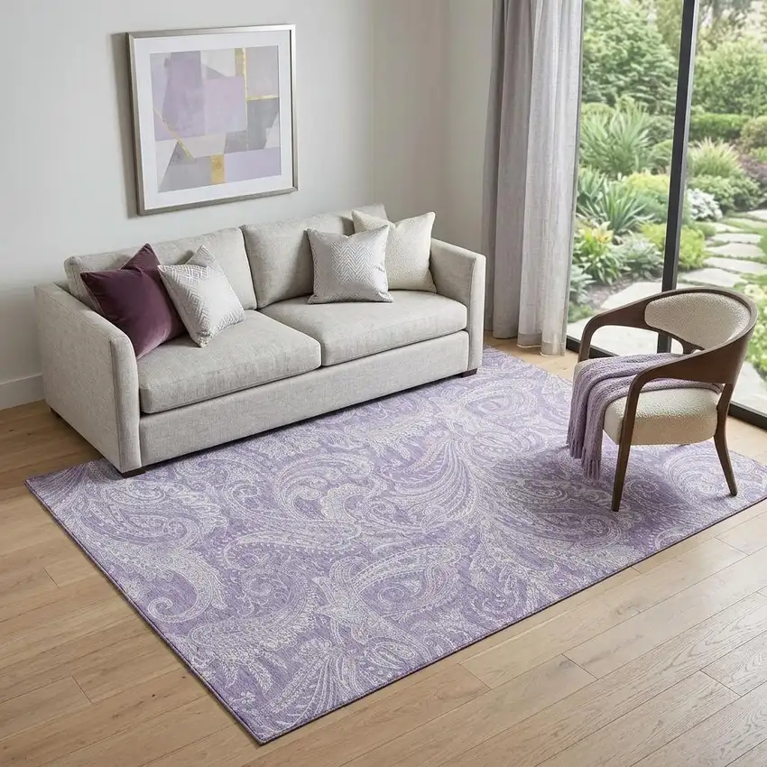 Lavender And Ivory Paisley Washable Area Rug With UV Protection Photo 1