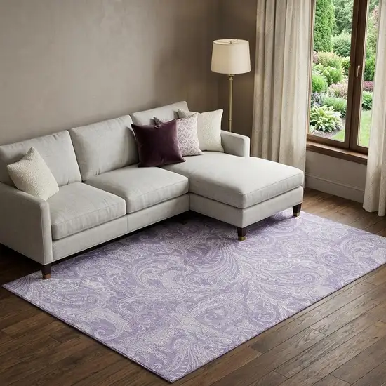 Lavender And Ivory Paisley Washable Area Rug With UV Protection Photo 1