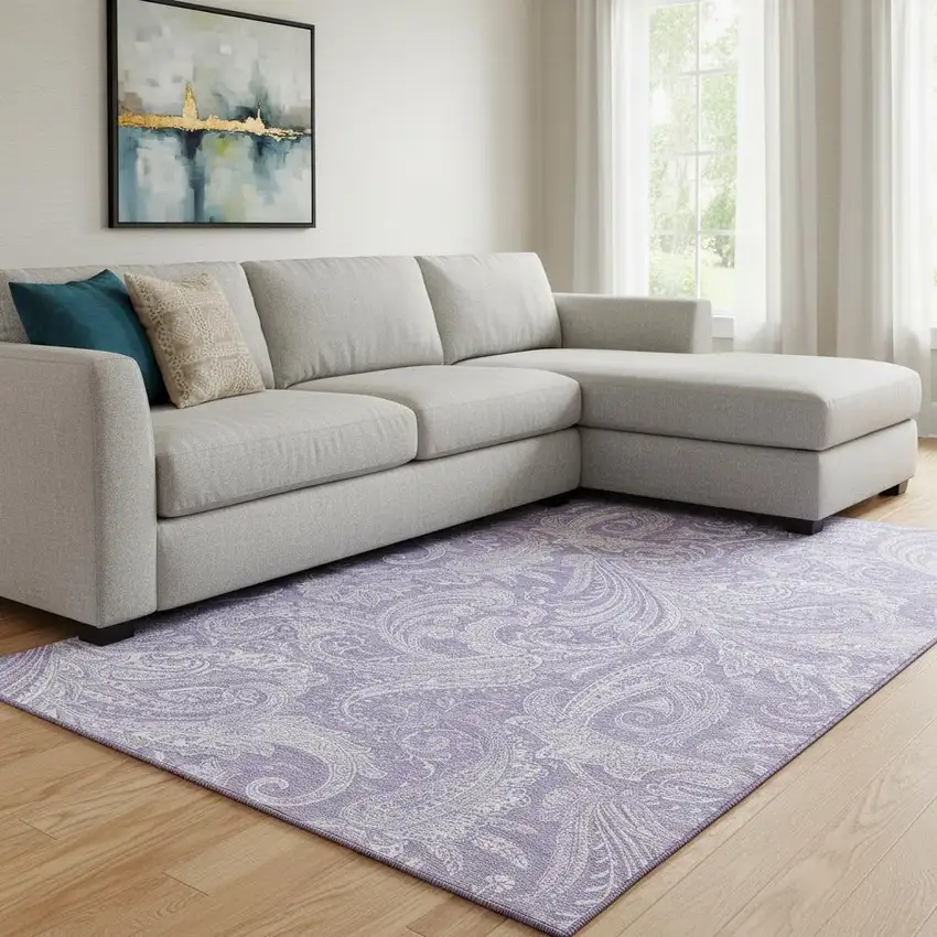 Lavender And Ivory Paisley Washable Area Rug With UV Protection Photo 1