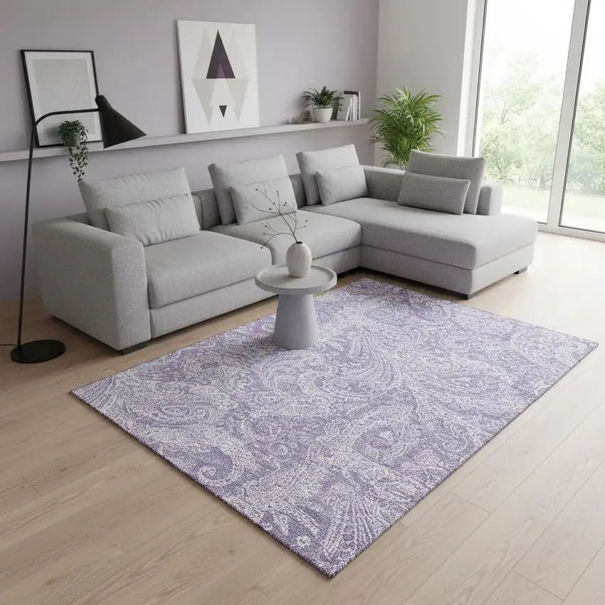 Lavender And Ivory Paisley Washable Area Rug With UV Protection Photo 1