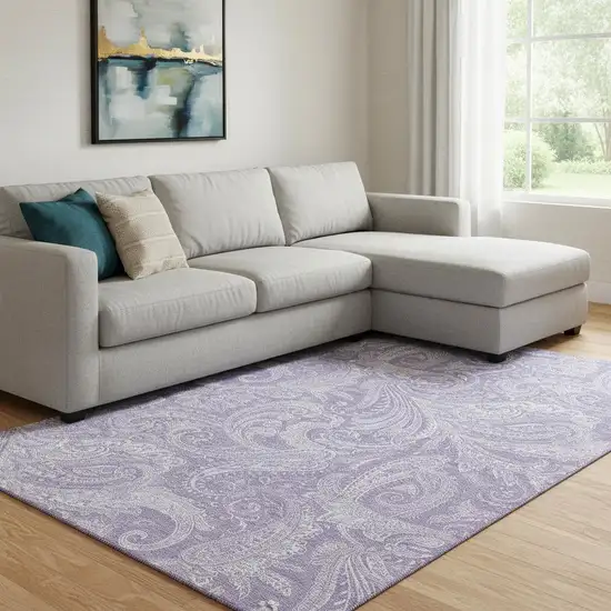 Lavender And Ivory Paisley Washable Area Rug With UV Protection Photo 1
