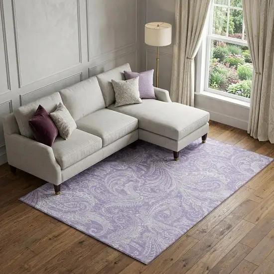 Lavender And Ivory Paisley Washable Area Rug With UV Protection Photo 1