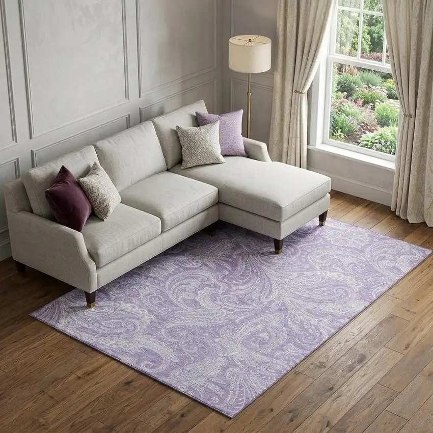 Lavender And Ivory Paisley Washable Area Rug With UV Protection Photo 1