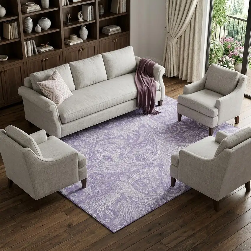 Lavender And Ivory Paisley Washable Area Rug With UV Protection Photo 1