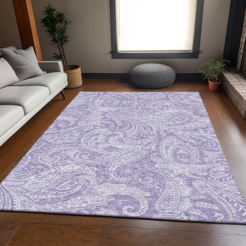 Lavender And Ivory Paisley Washable Area Rug With UV Protection Photo 7