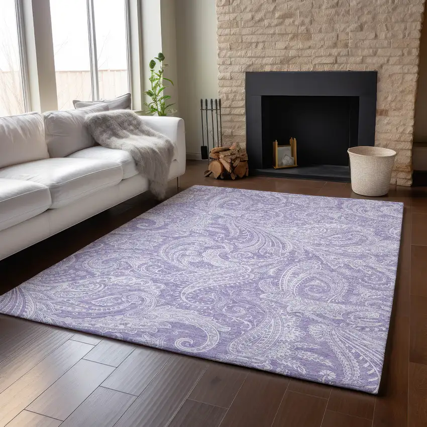 Lavender And Ivory Paisley Washable Area Rug With UV Protection Photo 6