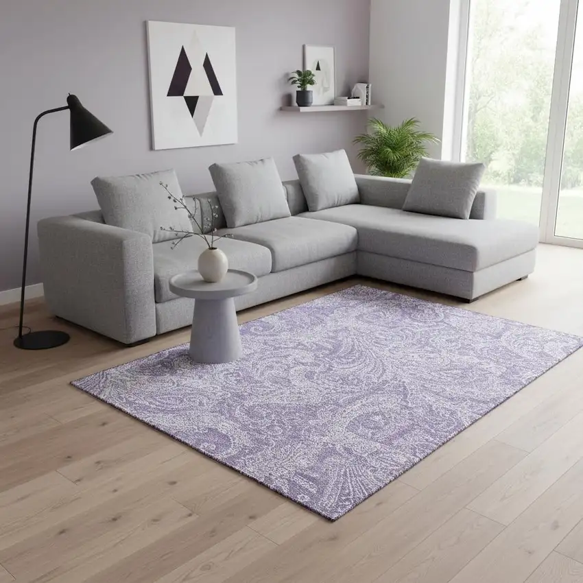 Lavender And Ivory Paisley Washable Area Rug With UV Protection Photo 1