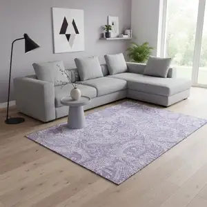 Photo of Lavender And Ivory Paisley Washable Area Rug With UV Protection