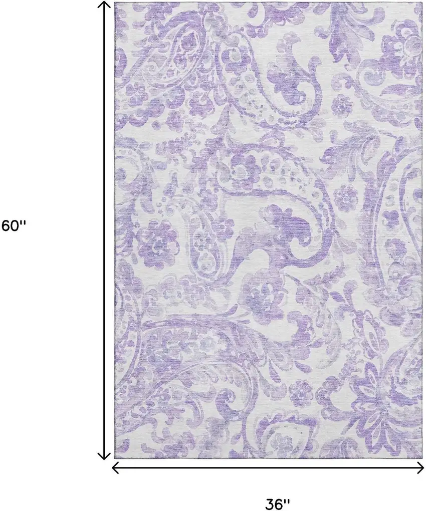 Lavender And Ivory Paisley Washable Area Rug With UV Protection Photo 3