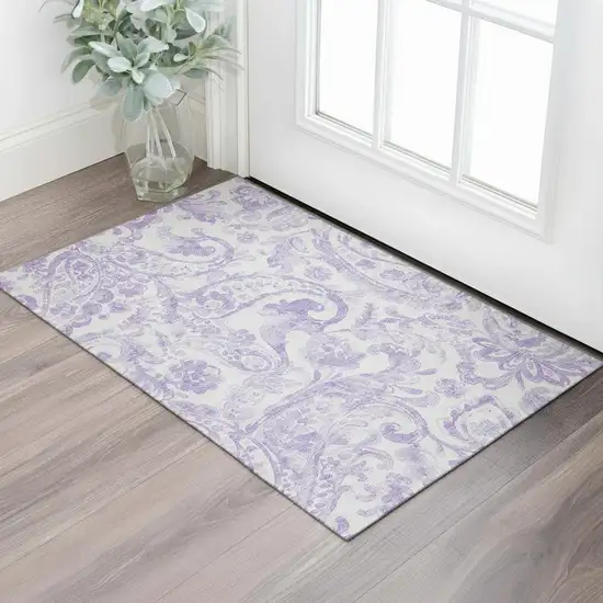 Lavender And Ivory Paisley Washable Area Rug With UV Protection Photo 1