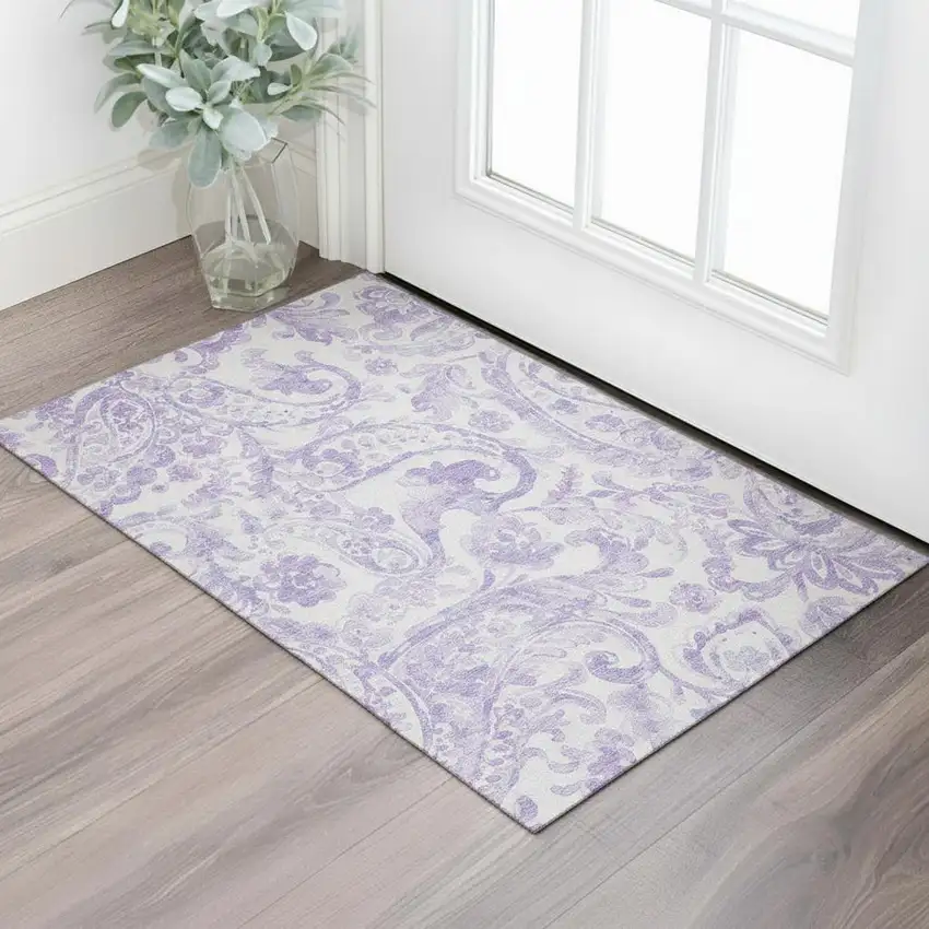 Lavender And Ivory Paisley Washable Area Rug With UV Protection Photo 1