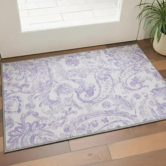 Lavender And Ivory Paisley Washable Area Rug With UV Protection Photo 2