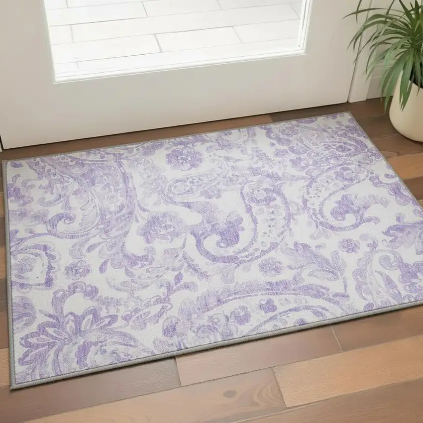 Lavender And Ivory Paisley Washable Area Rug With UV Protection Photo 2