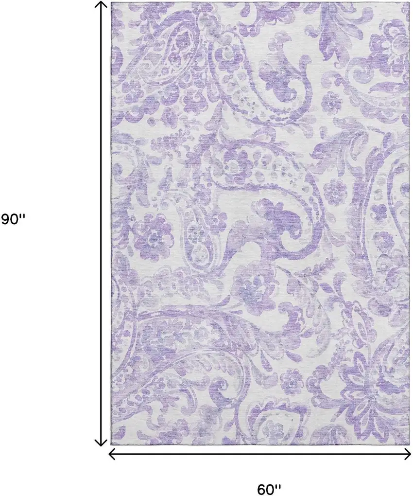 Lavender And Ivory Paisley Washable Area Rug With UV Protection Photo 3