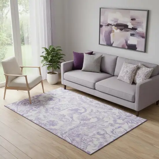 Lavender And Ivory Paisley Washable Area Rug With UV Protection Photo 1