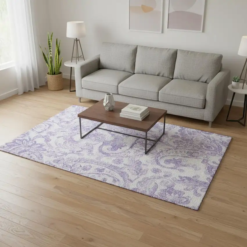 Lavender And Ivory Paisley Washable Area Rug With UV Protection Photo 2