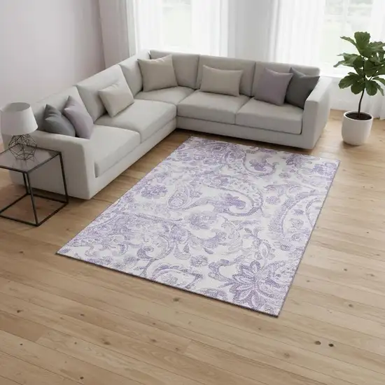 Lavender And Ivory Paisley Washable Area Rug With UV Protection Photo 2